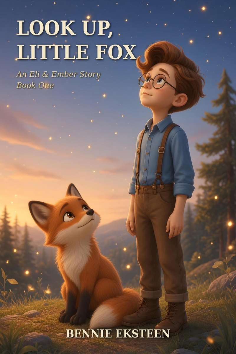 Cover of Look Up, Little Fox, showing Eli and Ember looking toward a starry sky