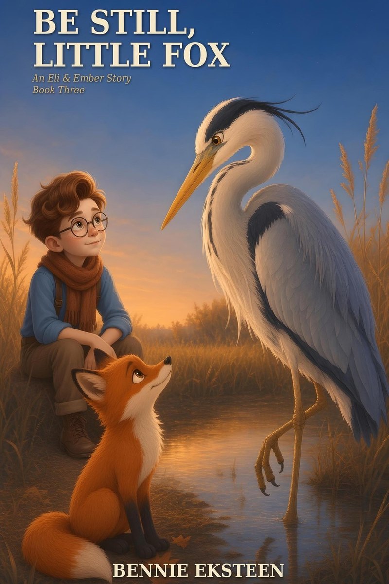 Cover of Be Still, Little Fox, showing Eli and Ember beside a grey heron at the water’s edge