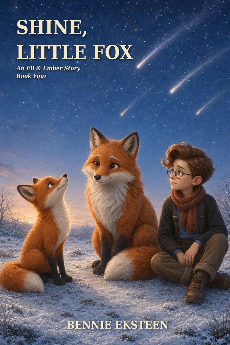 Cover of Shine, Little Fox, showing Eli and foxes beneath falling stars