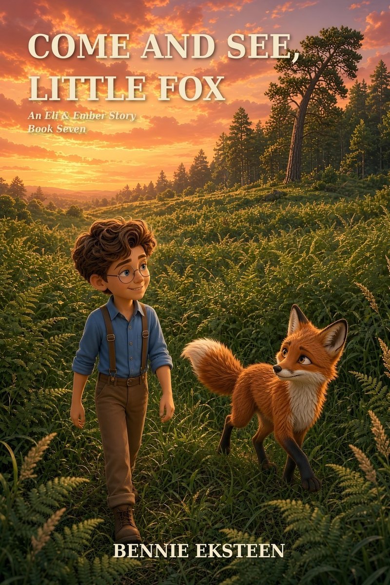 Cover of Come and See, Little Fox, with Eli and Ember walking through tall summer grass under a sunset sky