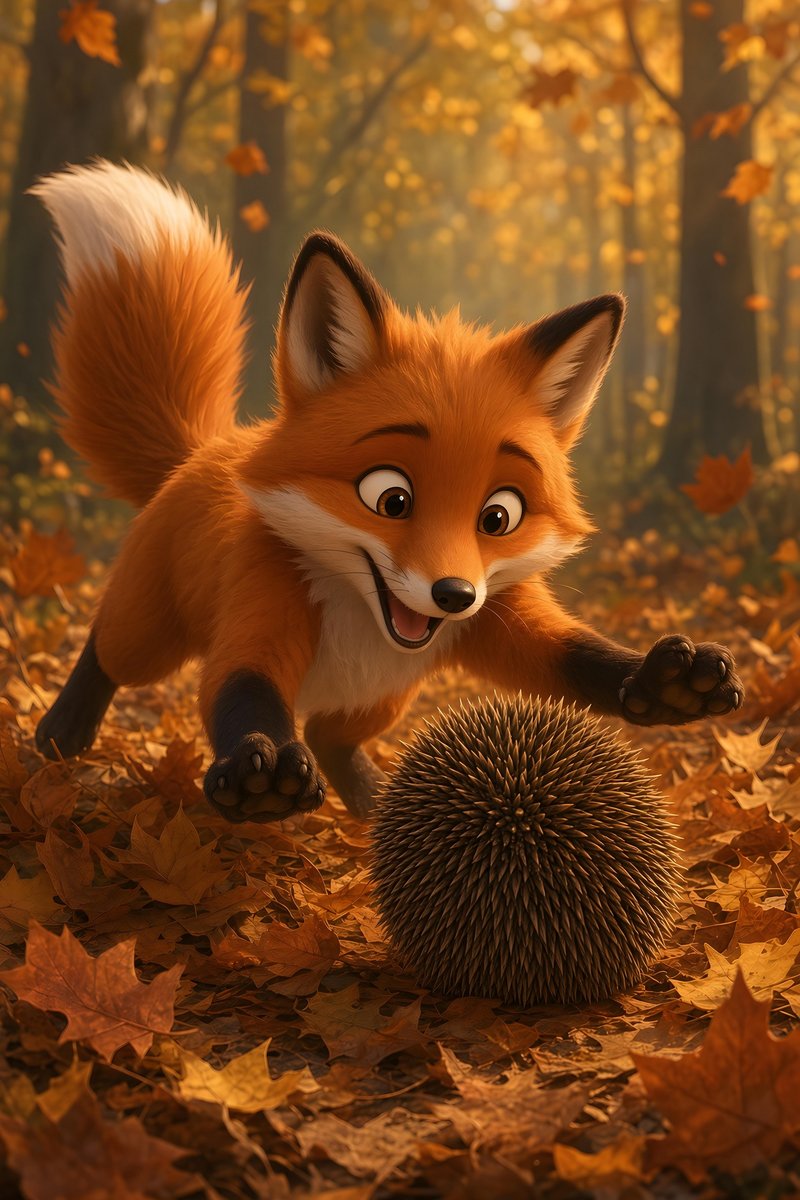 Interior illustration from Gently, Little Fox, Chapter Two: Ember pounces beside a small brown ball of spines in the autumn leaves.